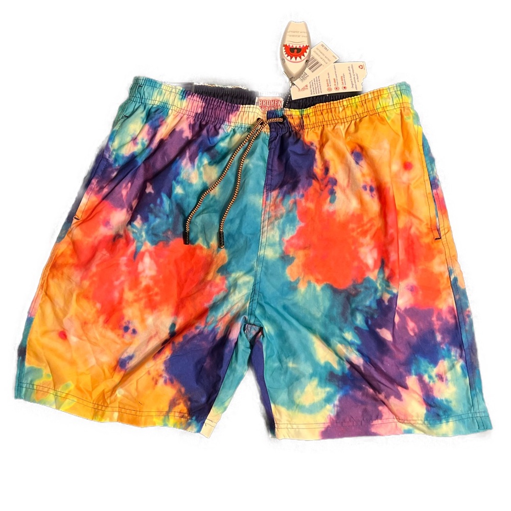 NWT: Men’s Broken Threads swim trunks. Size Large. Tie dye. Pockets. Drawstring